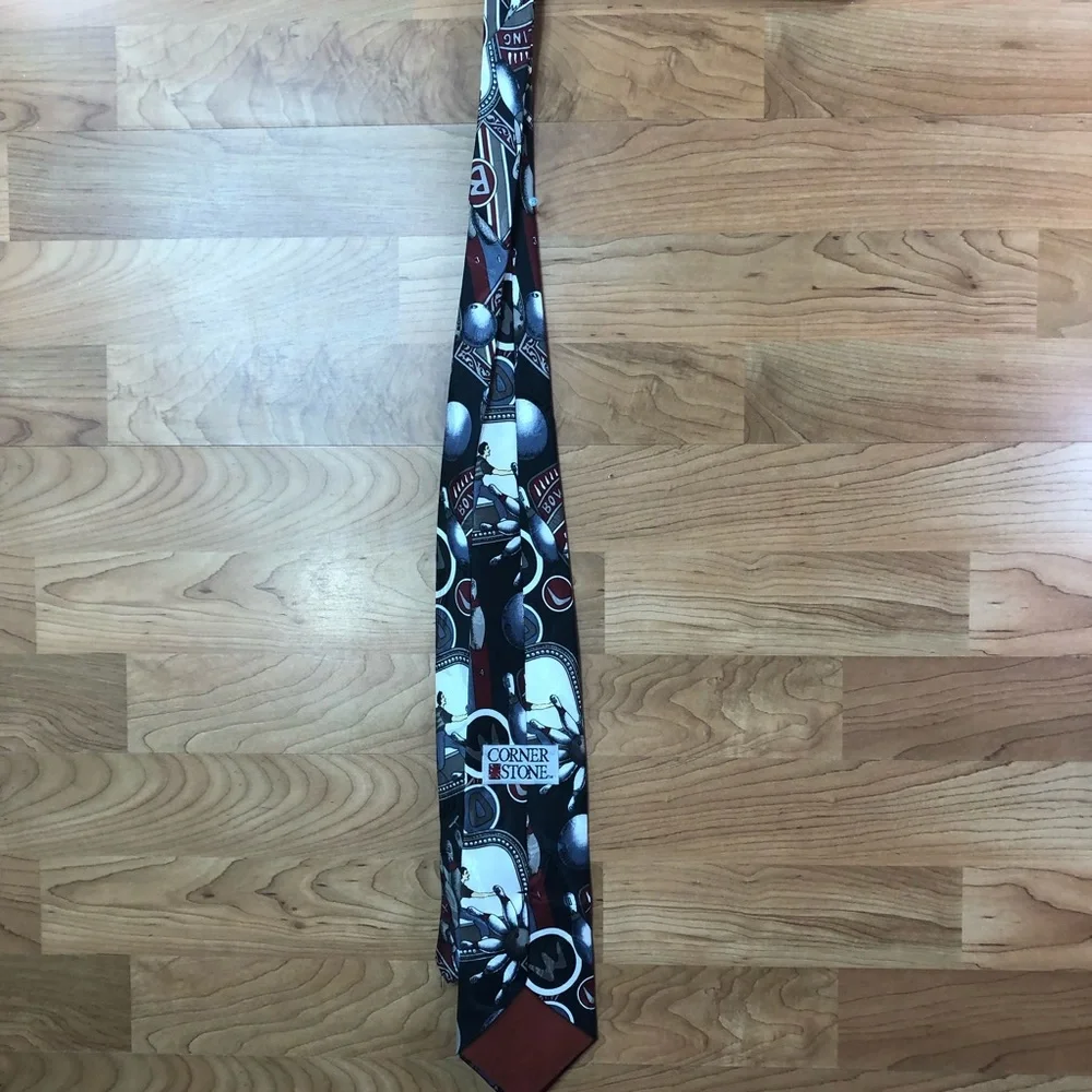 Vintage Corner Stone Bowling Tie with 9 Bowling Pins with Deep Dark Red